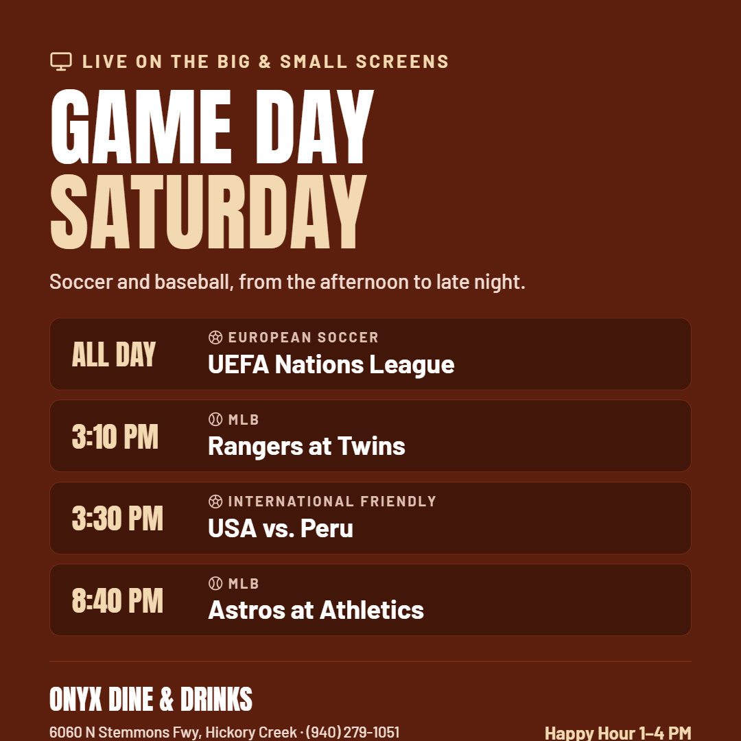 Game Day Saturday schedule at Onyx for September 26, featuring European soccer and MLB games