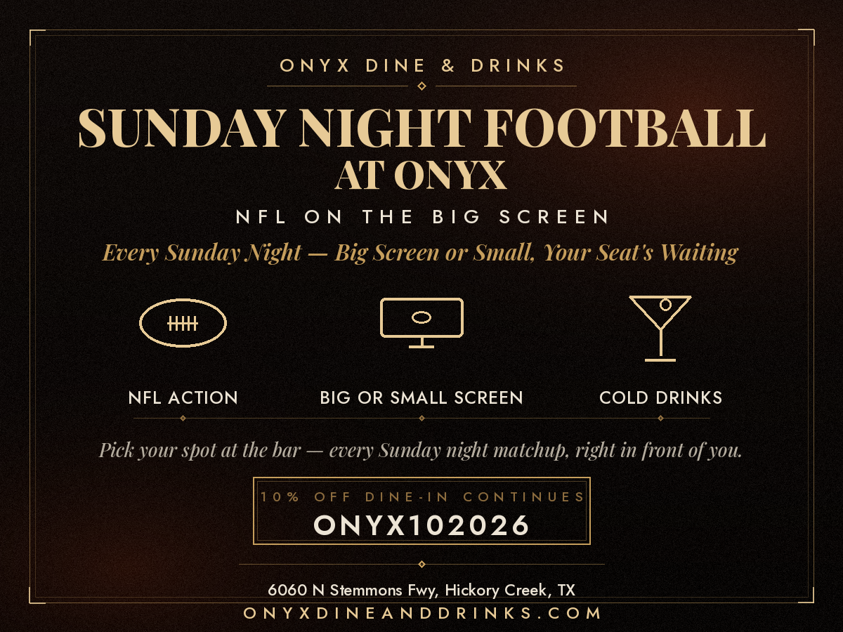 Sunday Night Football at Onyx with 10 percent off dine-in using code ONYX102026